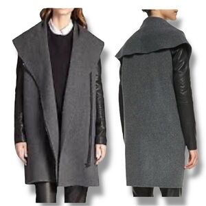 Vince Gray and Black Wool and Leather Asymmetrical Zip Coat Shawl Collar